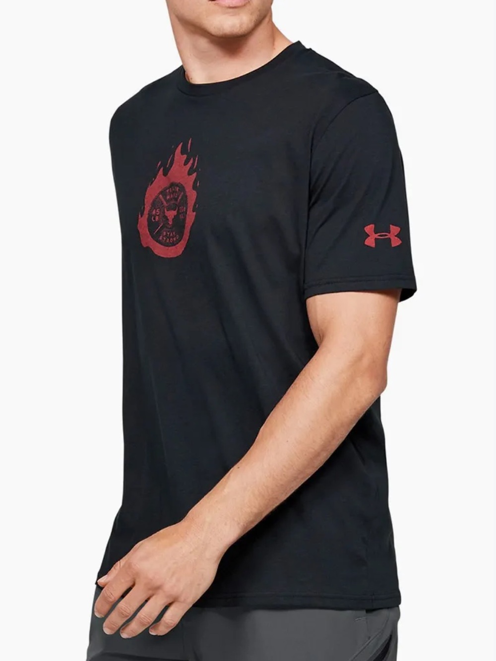 Under Armour Project Rock Men L Black Red Brahma Plate Short Sleeve T-Shirt